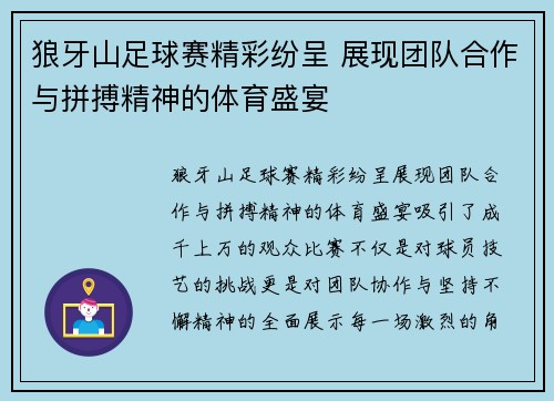 狼牙山足球赛精彩纷呈 展现团队合作与拼搏精神的体育盛宴